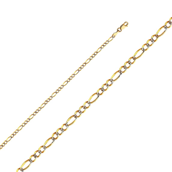 14k Yellow Gold Figaro 3 Plus 1 Links 2.7mm With Rhodium Pave Chain Necklace 24 Inch Chain Necklace for Women and Men