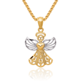 thumbnail image 1 of 14K Solid Yellow Gold Antique Filigree Guardian Angel Wings Necklace Protect Us Cherub Pendant Religious Charm, 1 of 8