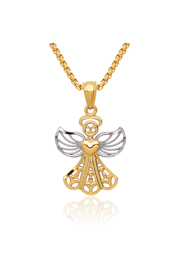 14K Solid Yellow Gold Antique Filigree Guardian Angel Wings Necklace Protect Us Cherub Pendant Religious Charm