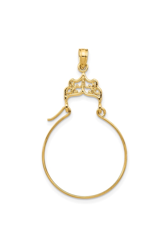 14k Yellow Gold Filigree Crown Charm Holder Pendant, Polished 30mm x 22mm for Women