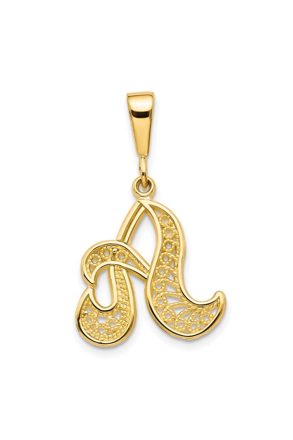 14k Yellow Gold Filigree Initial Pendant with Script Letter A, Elegant Openwork Monogram Charm for Women, Personalized Alphabet Jewelry Necklace