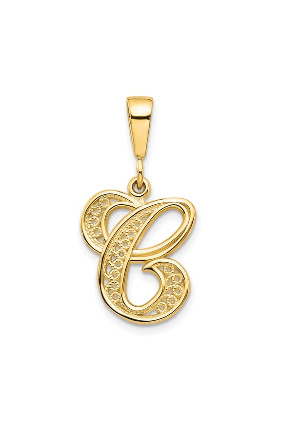 14k Yellow Gold Filigree Letter C Pendant for Women, Script Monogram Charm Necklace, Personalized Alphabet Jewelry, Classic Everyday Initial Accessory