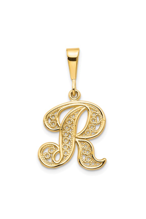14k Yellow Gold Filigree Script Letter R Pendant, Ornate Initial Charm for Women, Monogram Necklace Accessory, Dainty Personalized Jewelry Symbol for Identity and Style