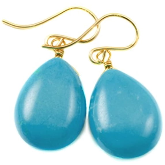 14k Yellow Gold Filled Blue Simulated Turquoise Earrings Smooth Teardrops Simple Dangle Drops
