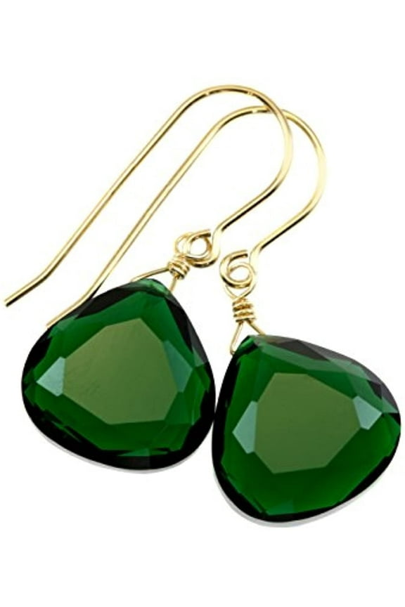 14k Yellow Gold Filled Green Simulated Emerald Earrings Faceted Heart Teardrops Simple Briolette Dangle Drops Designed for Adult Women