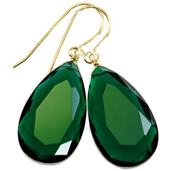 14k Yellow Gold Filled Green Simulated Emerald Earrings Faceted Large Teardrops Simple Briolette Drops Designed for Adult Women