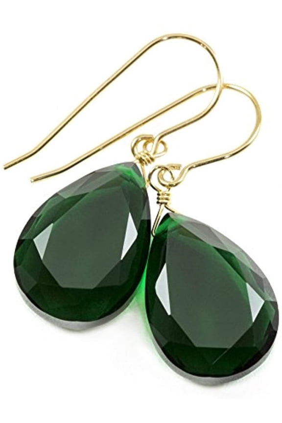 14k Yellow Gold Filled Green Simulated Emerald Earrings Faceted Teardrops Simple Casual Drops 1.4" Designed for Adult Women