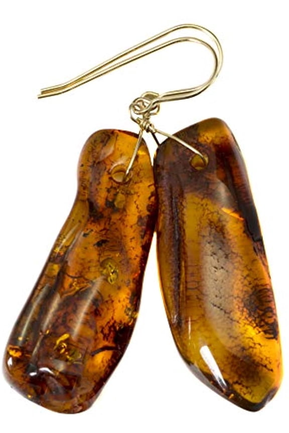 14k Yellow Gold Filled Honey Amber Earrings Nugget Long Oval Drop Organic Shape Dangle Style 2" Designed for Adult Women