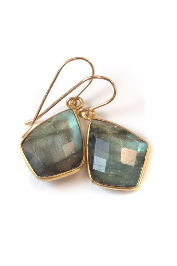 14k Yellow Gold Filled Labradorite Earrings Faceted Triangle Drops Goldtone Bezel Golden Green Flash Designed for Adult Women