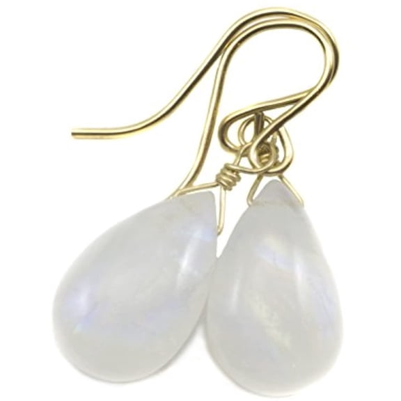 14k Yellow Gold Filled Moonstone Earrings Rainbow Blue Smooth Teardrops Simple Dangle Drops Designed for Adult Women