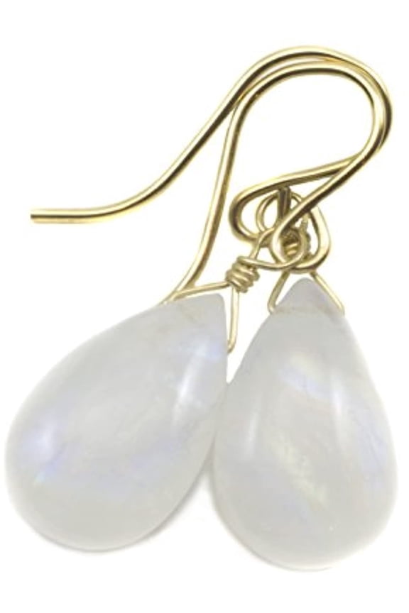 14k Yellow Gold Filled Moonstone Earrings Rainbow Blue Smooth Teardrops Simple Dangle Drops Designed for Adult Women