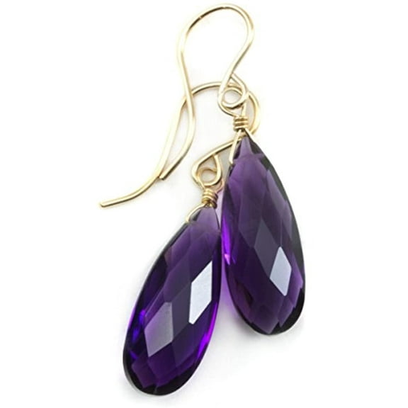 14k Yellow Gold Filled Purple Simulated Amethyst Earrings Long Faceted Dangles Narrow Simple Teardrops for Adult Women