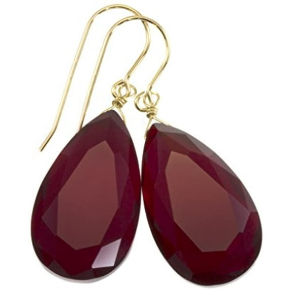 14k Yellow Gold Filled Red Simulated Ruby Earrings Faceted Large Pear Teardrops Simple Briolette Drops Designed for Adult Women