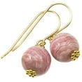 thumbnail image 1 of 14k Yellow Gold Filled Rhodochrosite Earrings Pink Smooth Round Dainty Simple Goldtone Beaded Accents Designed for Adult Women, 1 of 5