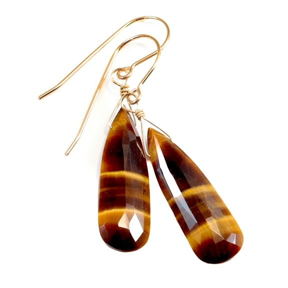 14k Yellow Gold Filled Tiger's Eye Earrings Golden Long Large Faceted Teardrops Shimmery Striping Spyglass Designs
