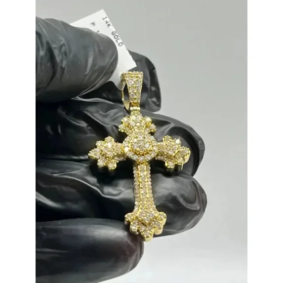 14k Yellow Gold Finish 2.50 Ct Round Cut Real Moissanite Men's Cross Pendant