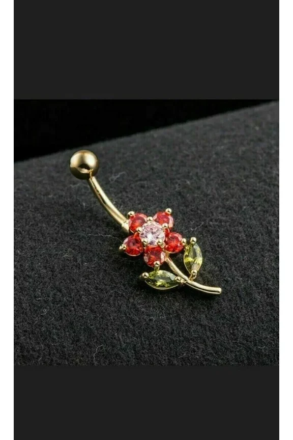 14k Yellow Gold Finish 2CT Round Cut Simulated Flower Red Ruby Flower Navel Belly Button 925 Silver