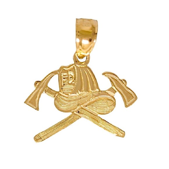 14k Yellow Gold Firefighter Fireman's Axe and Helmet Pendant