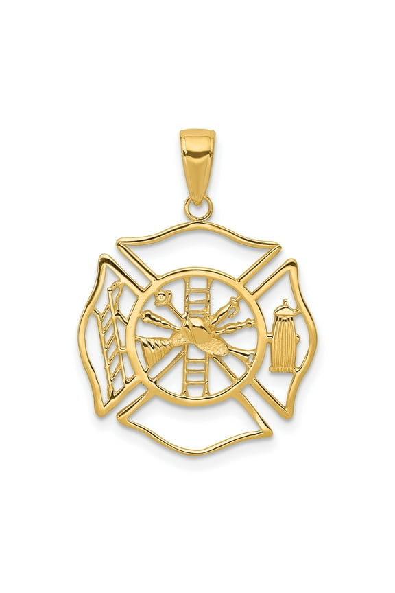 14k Yellow Gold Firefighter Maltese Cross Pendant for Men or Unisex with Ladder Hydrant Helmet Tools Symbolizing Bravery Honor Service Protection Necklace Charm