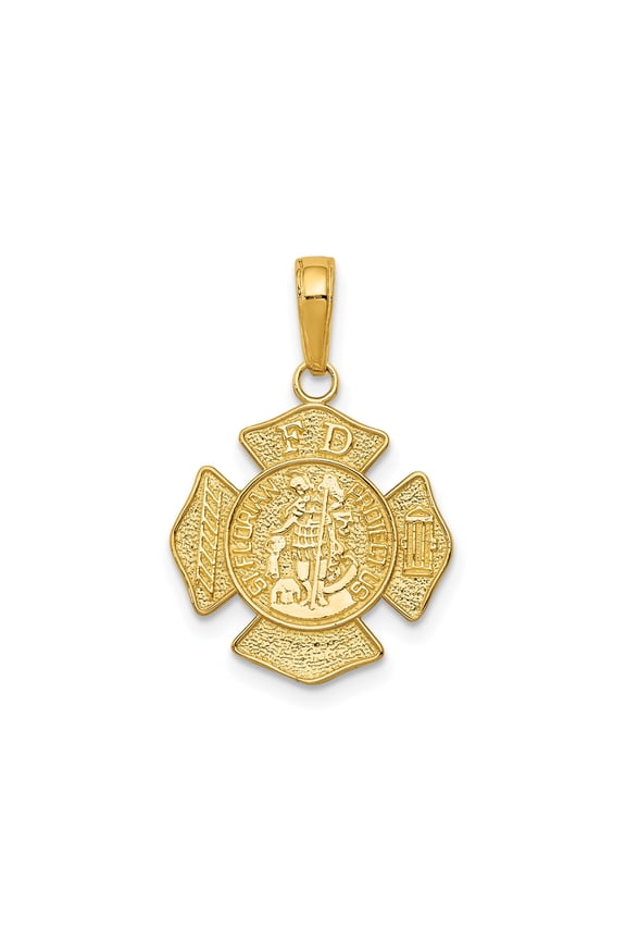 14k Yellow Gold Firefighter Pendant for Men with Maltese Cross FD Symbol Fire Hydrant Ladder and Saint Florian Protect Us Engraving Religious Faith Bravery Protection Necklace