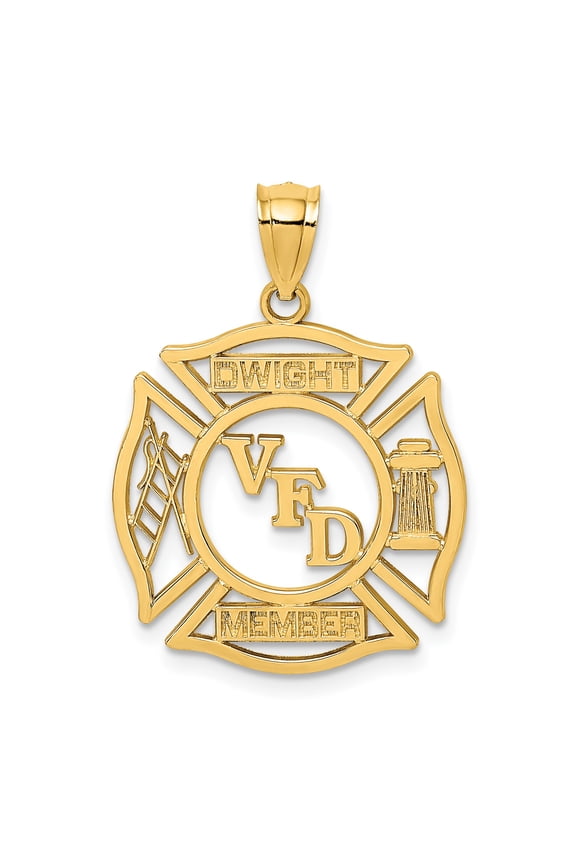 14k Yellow Gold Firefighter Pendant for Men or Unisex with Maltese Cross, VFD Member Engraving, Fire Hydrant and Ladder, Volunteer Department Symbol of Bravery and Honor Jewelry