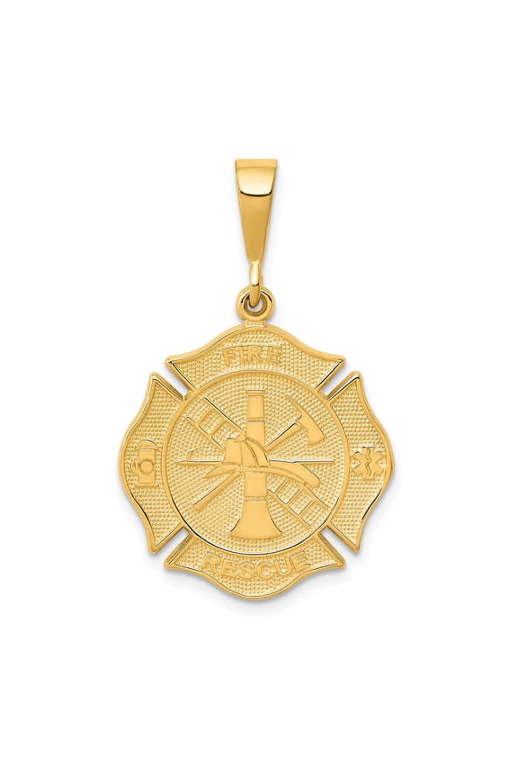 14k Yellow Gold Firefighter Maltese Cross Pendant Charm with Fire Rescue Symbols
