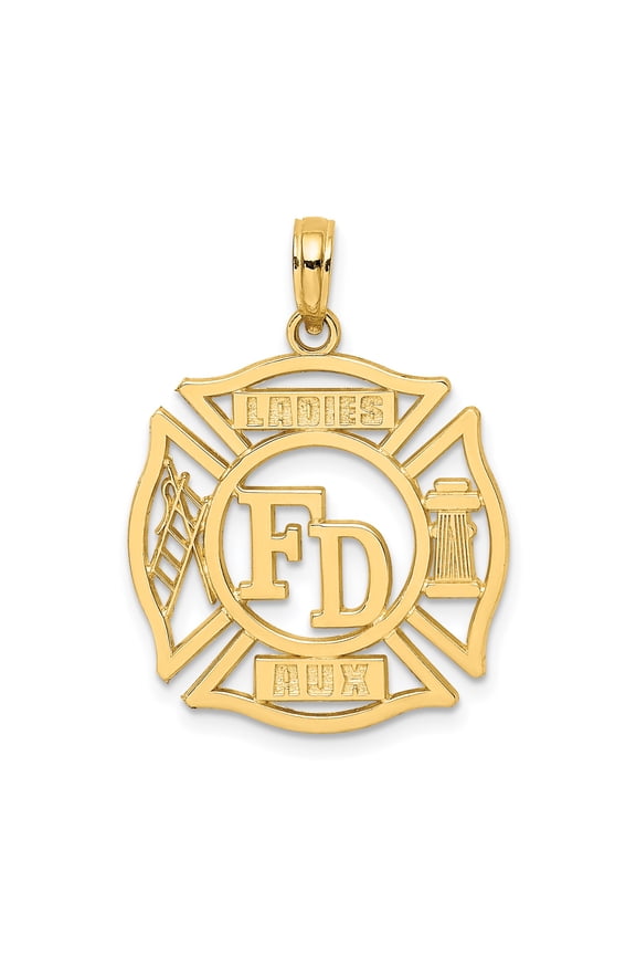 14k Yellow Gold Firefighter Pendant for Women with Maltese Cross FD Ladder Hydrant Ladies Aux Engraving Symbolic Jewelry for Fire Department Support and Auxiliary Pride