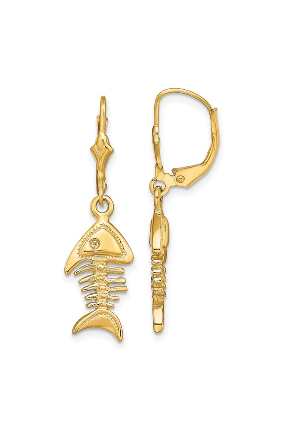 14k Yellow Gold Fishbone Dangle Earrings for Women with Leverback Hooks, Nautical Ocean Style Jewelry Featuring Playful Skeletal Design and Coastal Marine Fashion