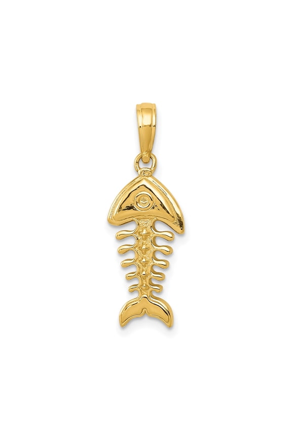 14k Yellow Gold Fishbone Pendant Charm, Polished 3D Nautical Skeleton Fish for Men