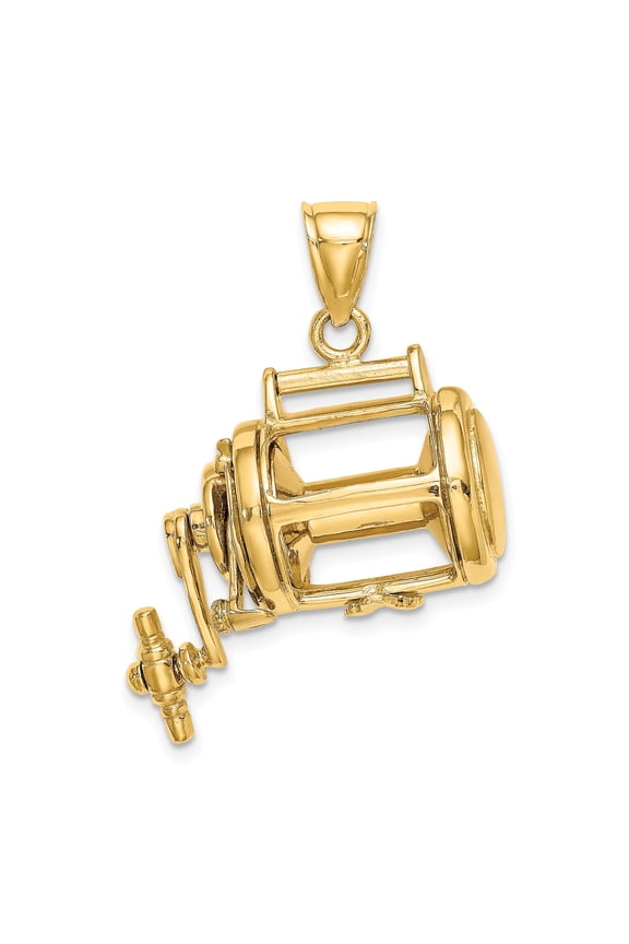 14k Yellow Gold 3D Fishing Reel Pendant Charm with Moveable Handle, Unisex, Jewelry Stores Network