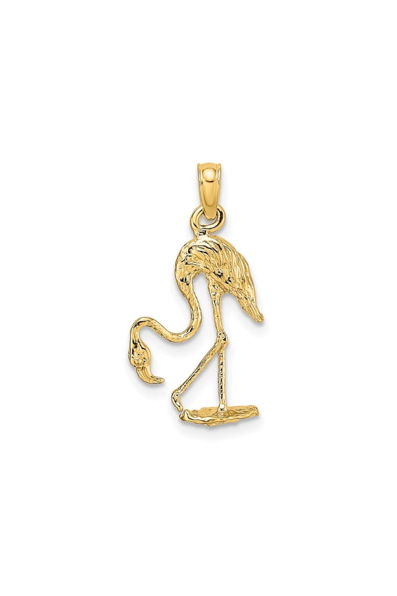 14k Yellow Gold 3D Textured Flamingo Pendant Charm, Polished Tropical Bird Jewelry