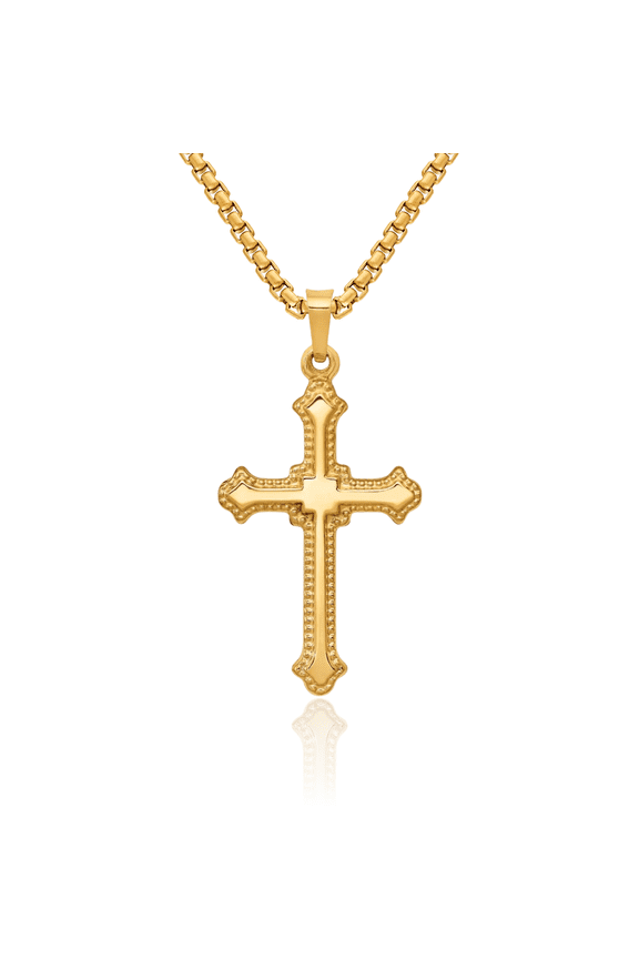14K Solid Yellow Gold French Fleur De Lis Lily Flower Holy Cross Necklace Religious Chain Pendant Jesus Christ Charm
