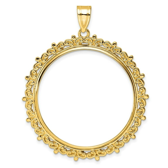 14k Yellow Gold Fleur De Lis Frame Prong Setting Coin Bezel Pendant Mounting - Fits 32.7mm