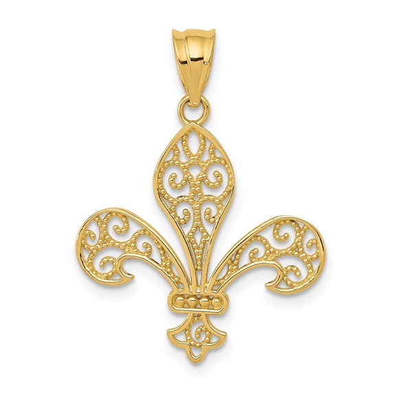 14k Yellow Gold Fleur-de-Lis Pendant for Women with Filigree Detailing, French Heritage Symbol of Purity and Royalty, Classic European Style Fashion Jewelry
