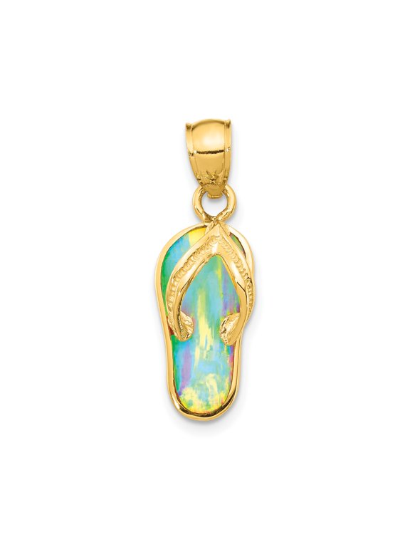 14k Yellow Gold Flip Flop Pendant with Multicolor Opal Inlay, Beach Sandal Necklace for Women, Tropical Summer Jewelry, Casual Ocean-Inspired Charm