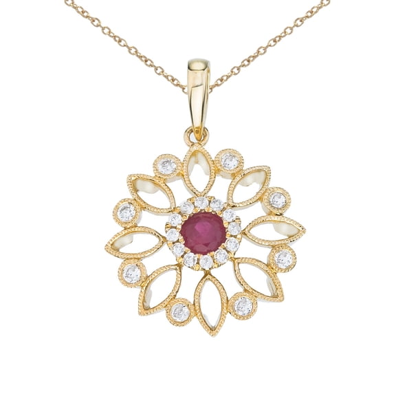 14k Yellow Gold Floral Filigree Ruby and Diamond Pendant with 18" Chain