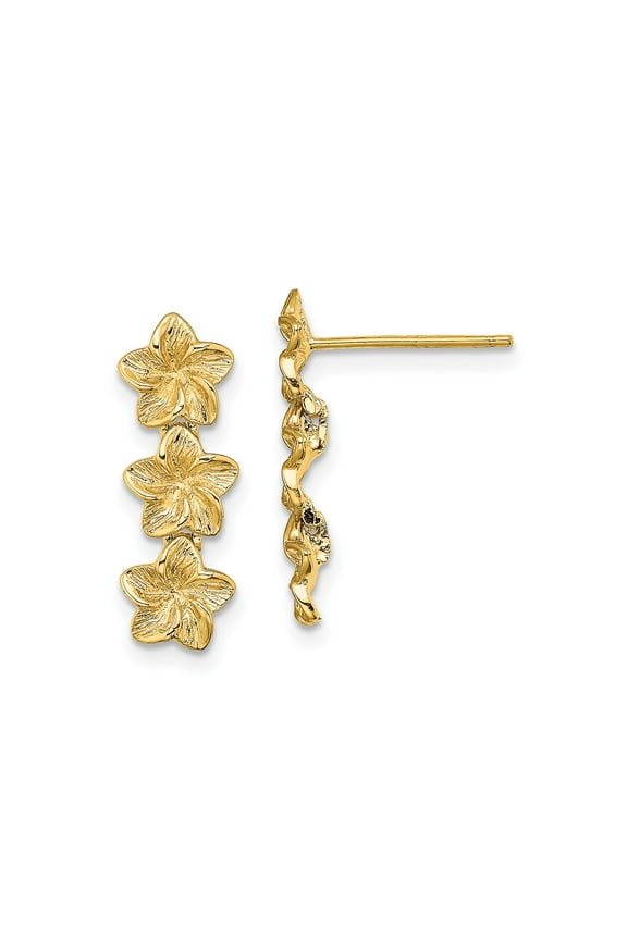 14k Yellow Gold Floral Stud Earrings for Women, Vertical Plumeria Flower Trio Design, Tropical Nature-Inspired Botanical Jewelry, Dainty Elegant Style for Casual or Dressy Wear