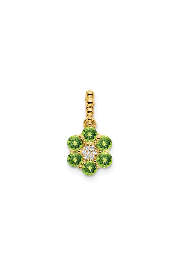 14k Yellow Gold Flower Pendant Necklace for Women with Green Peridot and Diamond Accent, August Birthstone Floral Jewelry, Nature Inspired Gemstone Accessory