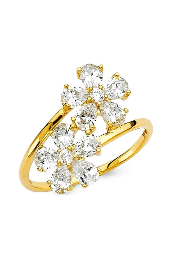14k Yellow Gold Flower Ring Foral Band Two Flowers Ring CZ Curve Style Promise Of Love Size 9