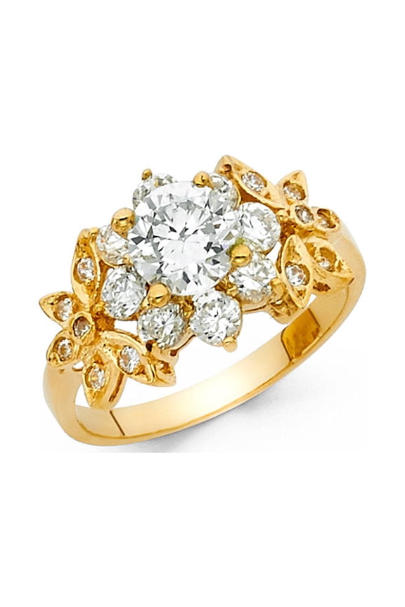 14k Yellow Gold Flower Solitaire CZ Engagement Ring Anniversary Round Cluster Band Side Stones Size 9