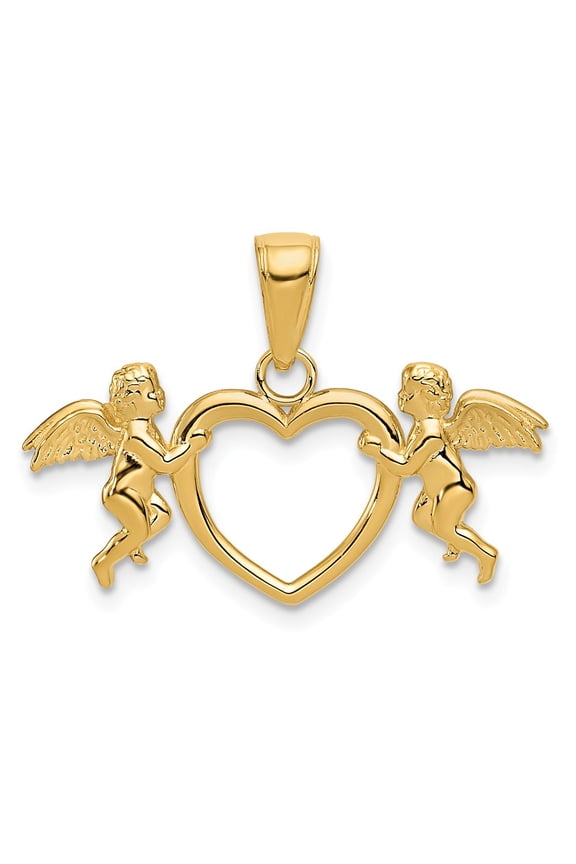 14k Yellow Gold Flying Cherubs Holding Heart Pendant
