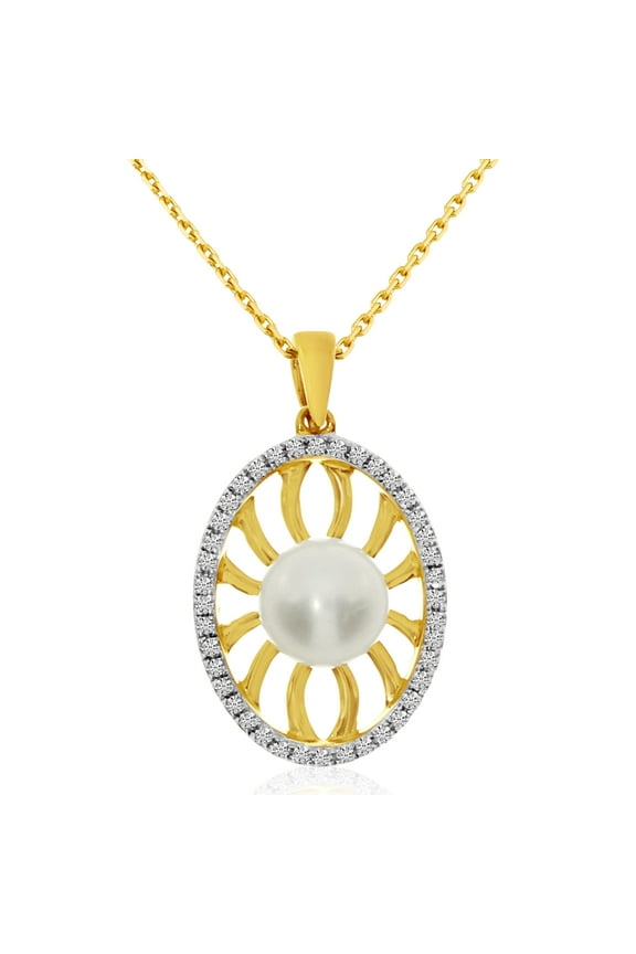 14k Yellow Gold Freshwater Cultured Pearl And Diamond Pendant with 18" Chain