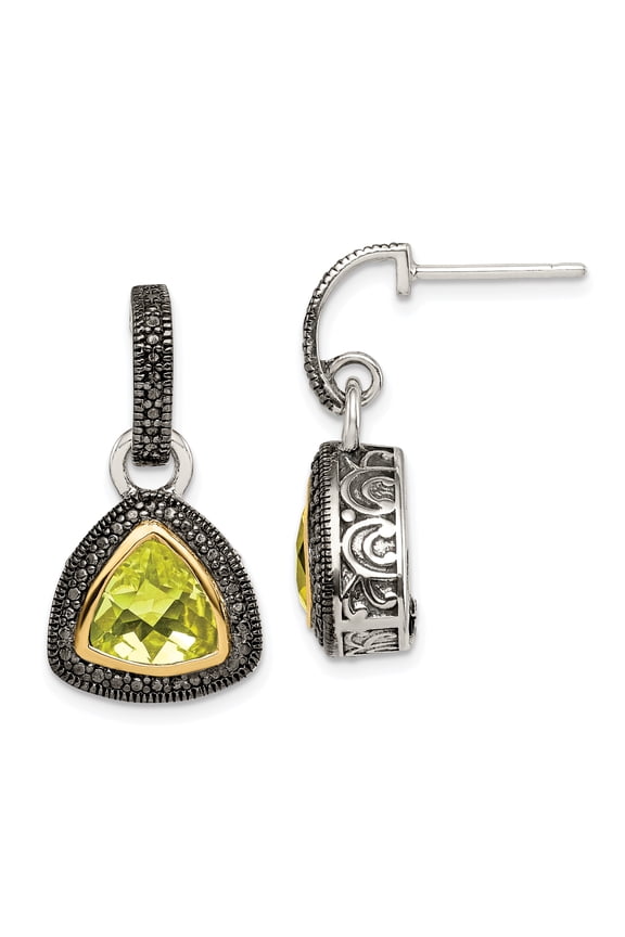 Shey Couture Sterling Silver with 14K Accent Antiqued Trillion Bezel Lemon Quartz Dangle Earrings