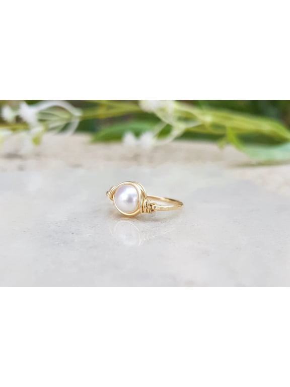 14k Yellow Gold Freshwater Pearl Ring June Birthstone Handmade Solitaire Ring