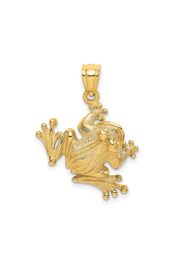 14k Yellow Gold Frog Pendant for Men and Women with Textured Tree Frog Design, Polished Animal Charm Symbolizing Renewal, Transformation, and Nature Inspired Style