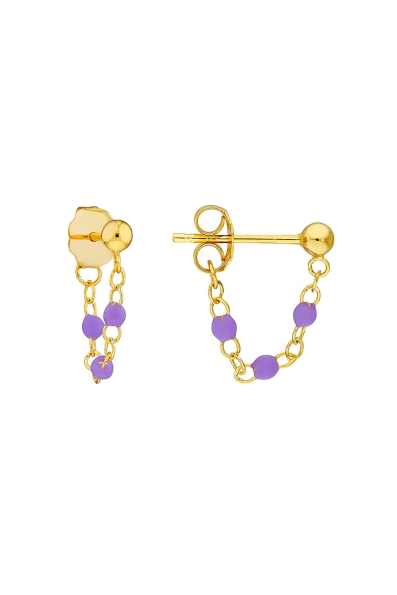 14k Yellow Gold Front To Back 3 Beads Lilac Enamel Earrings Stud Earring for Women
