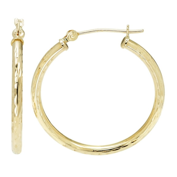 14k Yellow Gold Full Diamond Cut Hoops, 2x25mm, with Saddle Back, Women’s