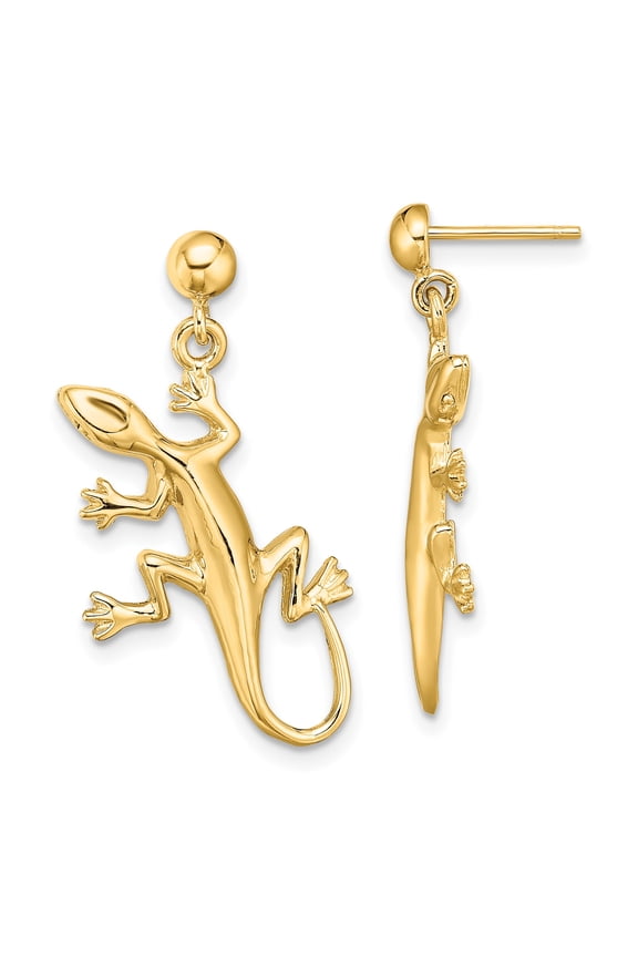 14k Yellow Gold Gecko Dangle Earrings for Women, Lizard Drop Design, Animal Symbolic Jewelry, Nature Inspired, Exotic Wildlife Style, Statement Accessory for Renewal and Transformation