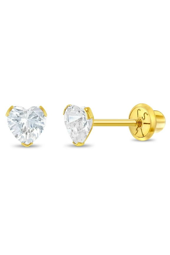 14k Yellow Gold Girls 5mm Simulated Diamond Birthstone Heart Screw Back Earrings