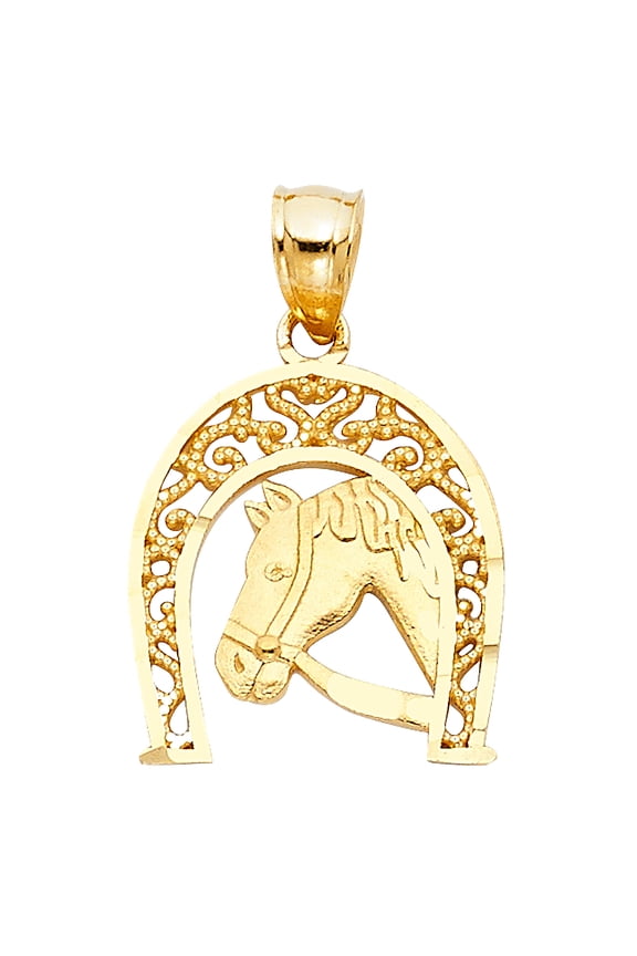 14k Yellow Gold Good Fortune Horse Horseshoe Pendant Superstition Lucky Charm Jewelry Female Unisex